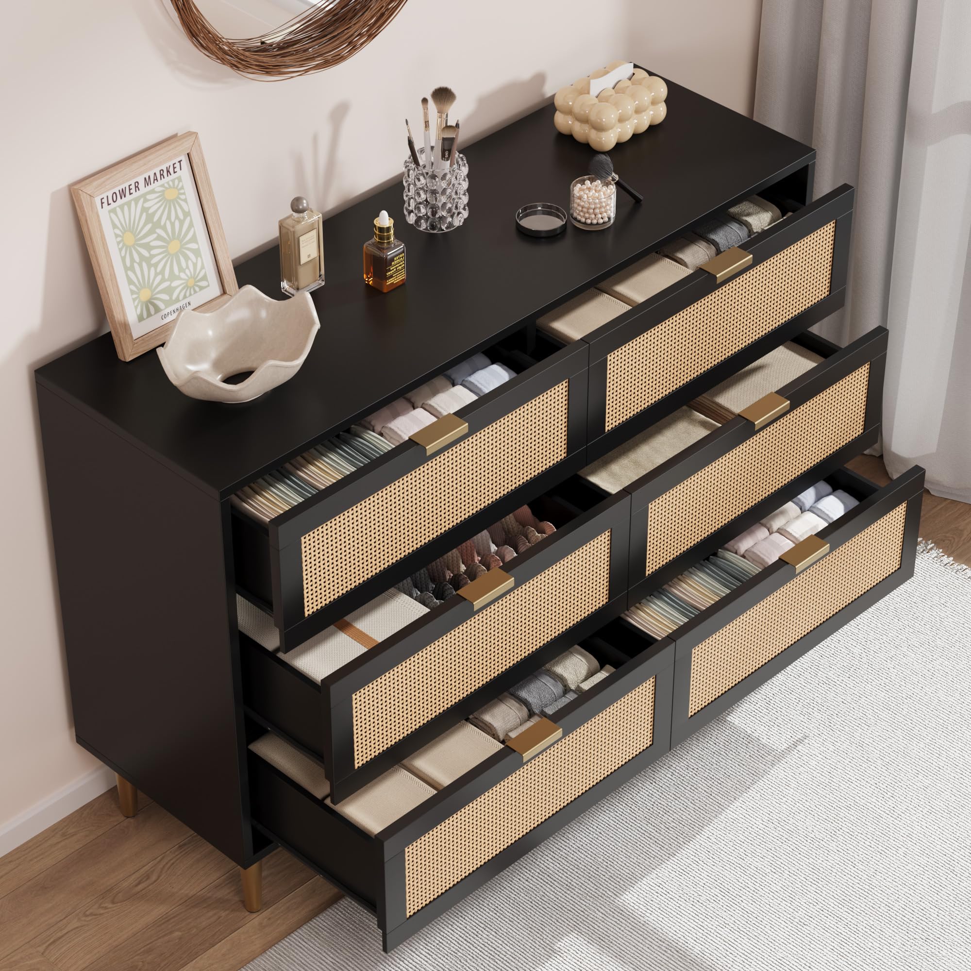 Mueble aparador moderno de 6 cajones con frontal de ratán tejido natural
