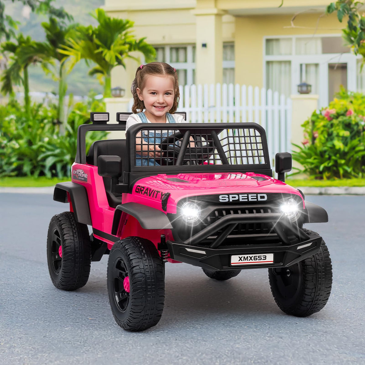 Coche eléctrico infantil Garvee 12V rosa fucsia con control remoto para niños de 3 a 6 años